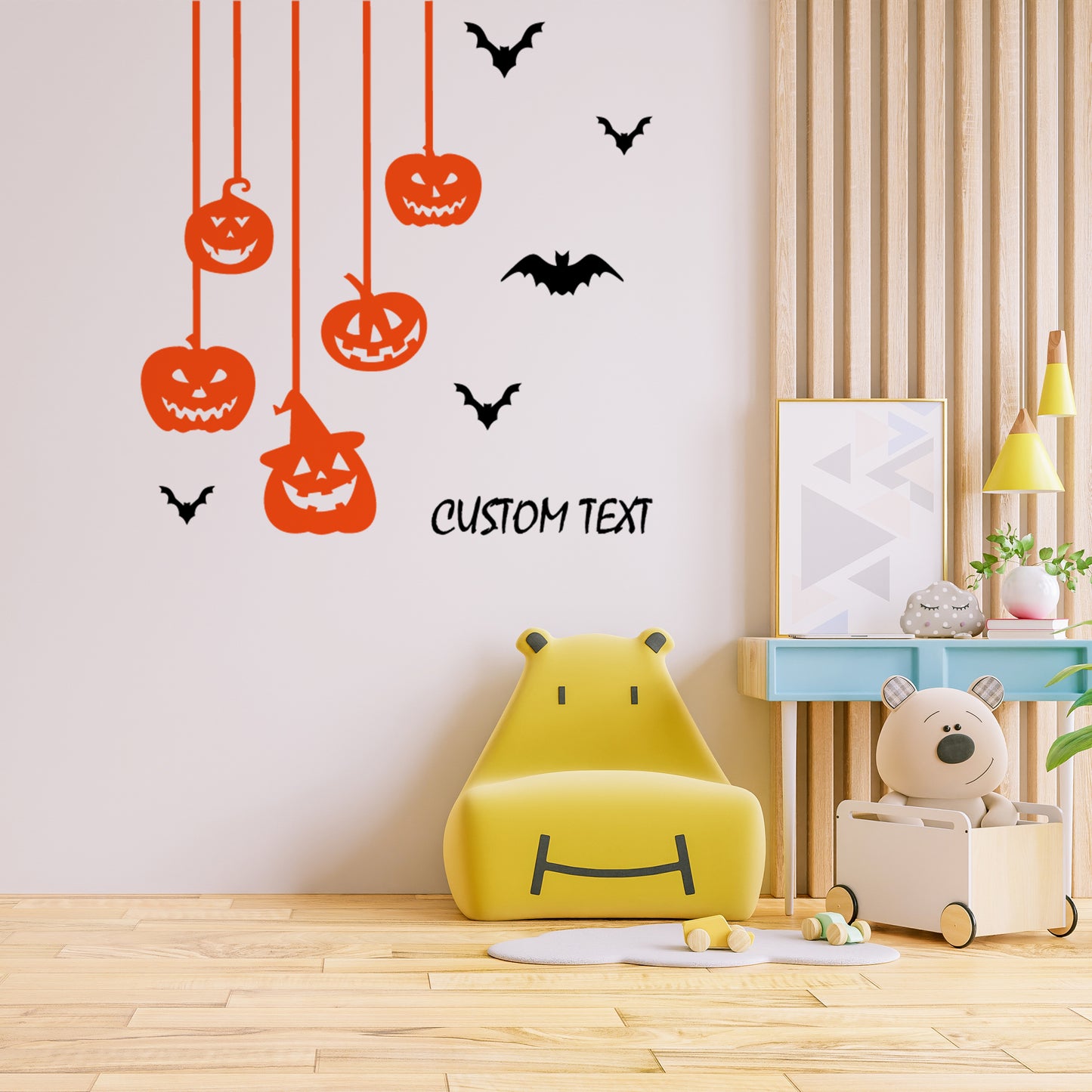 Custom Text for Halloween Window Decals with Pumpkins and Bats Window Decor - Happy Halloween Cafe Window Sticker of Pumpkins and Bats