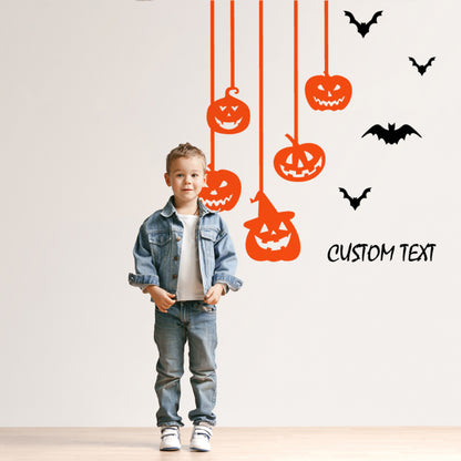 Custom Text for Halloween Window Decals with Pumpkins and Bats Window Decor - Happy Halloween Cafe Window Sticker of Pumpkins and Bats