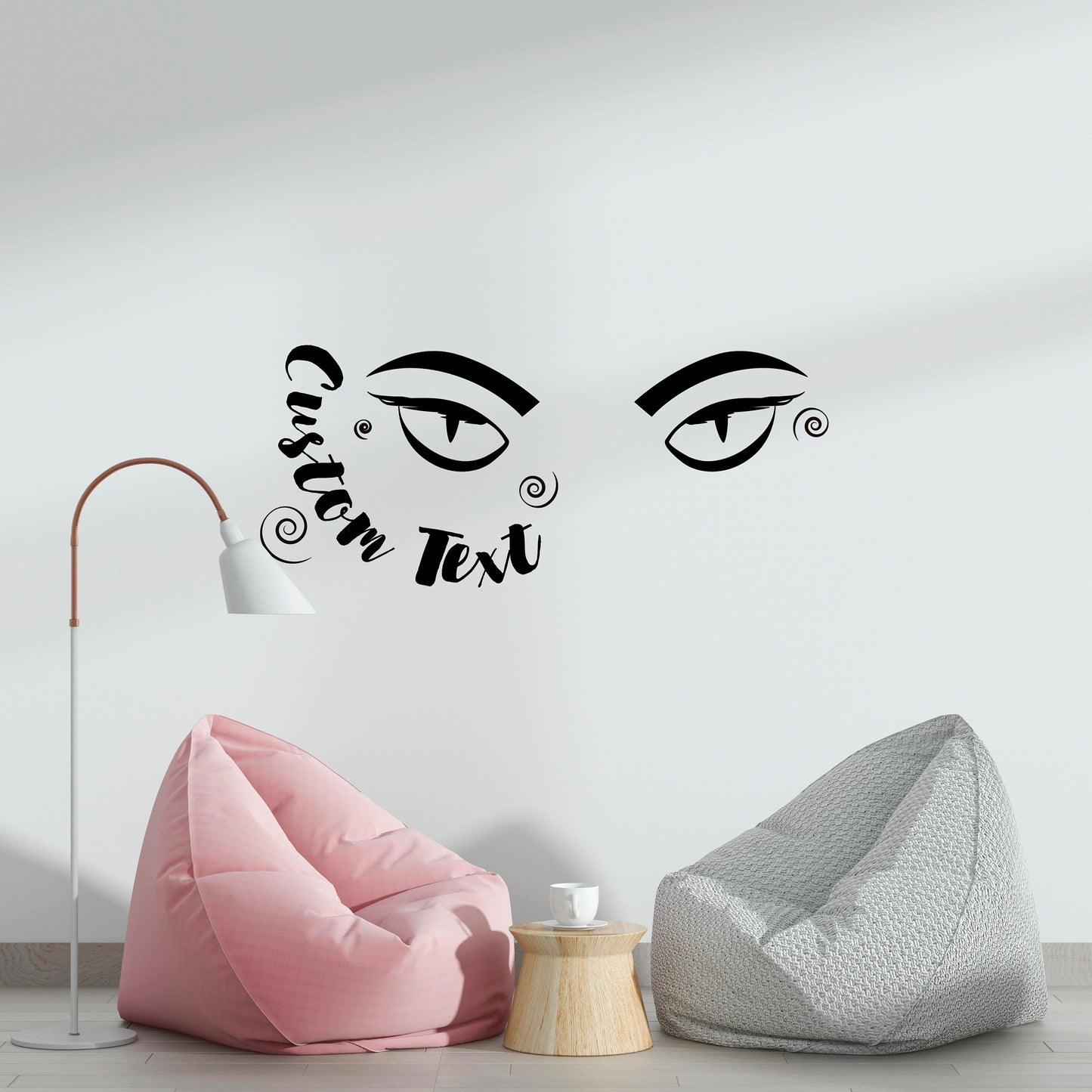 Personalized Wall Decal Cat Girl Eyes with Your Text - Decal for Teen Girl Room Decor, Women's Room, Beauty Salon - Modern Fashion Design