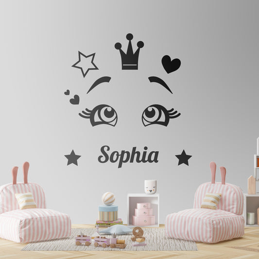 Girls Wall Decal - Cartoon Eyes with Heart Crown and Name Customization - Sticker for Girls Nursery Decor - Great gift for a little princess