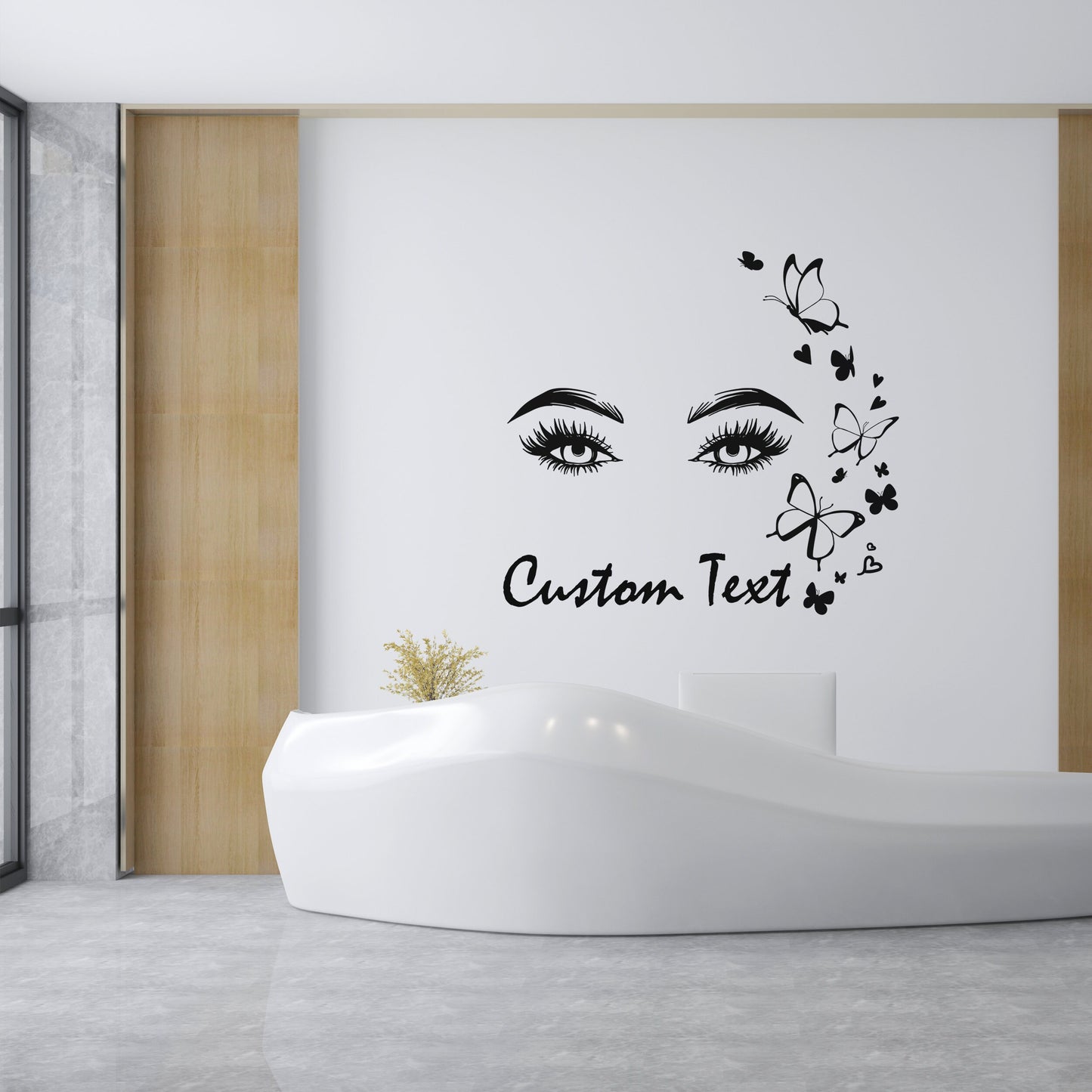 Beautiful Eyes with Eyebrows and Butterflies Wall Decal with Custom Your Own Text - Wall Decal for Girls Room, Women's Room, Makeup Area
