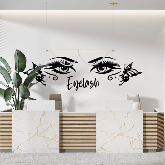 Wall Decal Butterfly eye and eyebrow with your text, name - personalized sticker for beauty salon - wall sticker for bedroom