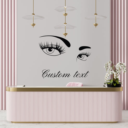 Wall Decal Sexy Eyes and Eyebrows with Write Your Own Text - Personalized Vinyl Decal for Beauty Salon, Spa Decor - Suitable for Bedroom