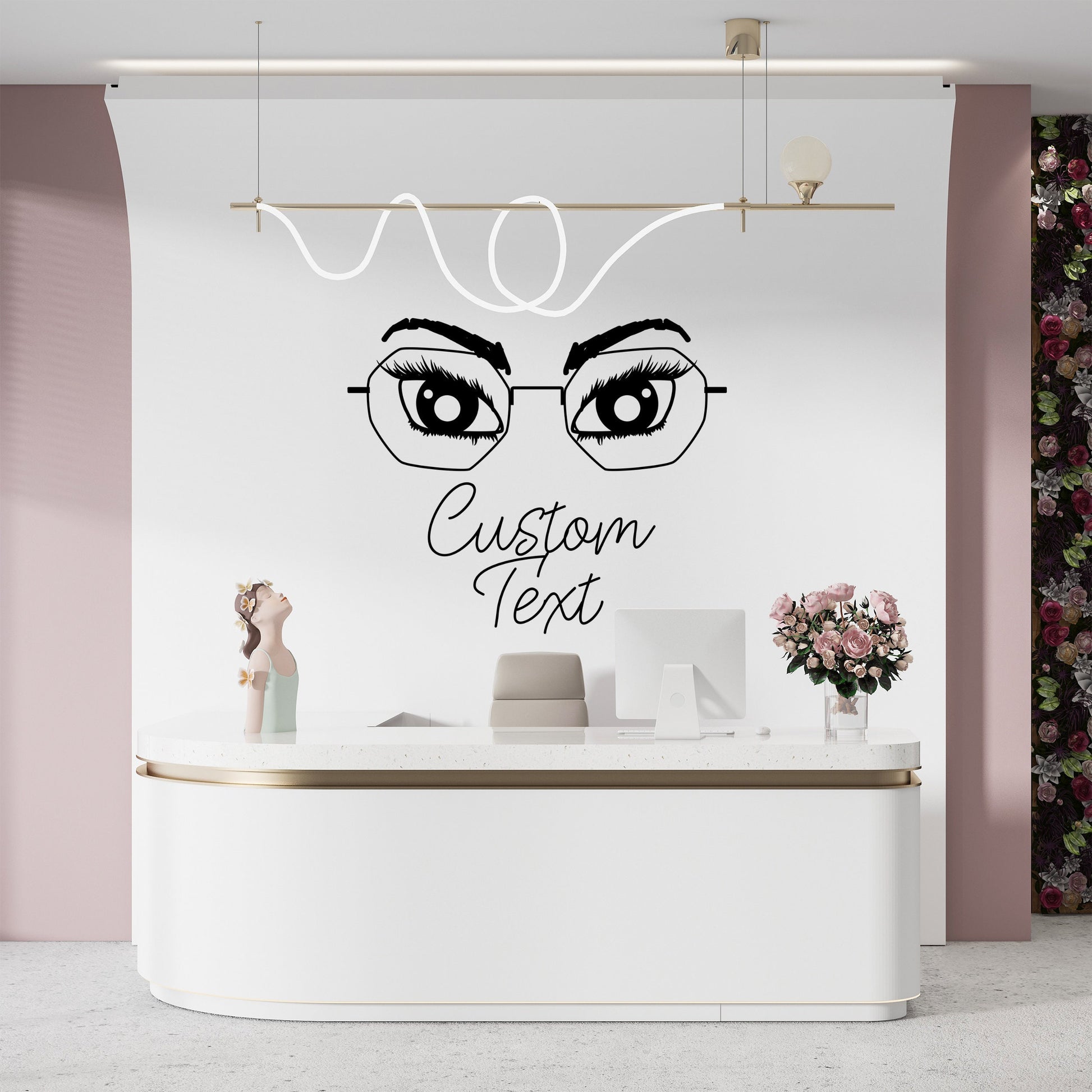 Wall Decal Eyes in Glasses with customizable text - Vinyl Stickers for Home, Beauty Elephant, Optics Store - Trendy decal for girls room