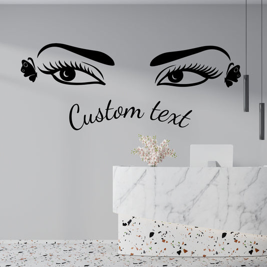 Custom Text Decal - Eyelashes and Eyes Wall Sticker for Woman and Teen Girl Bedroom - Decor for Beauty Salon, Makeup Studio