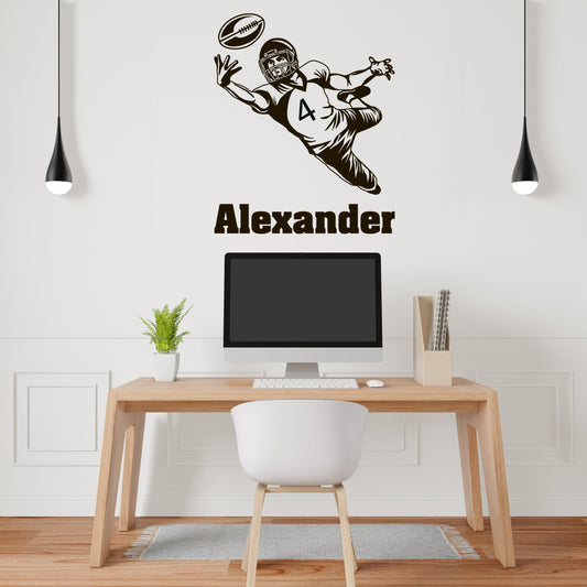 Football Wall Decor - Vinyl Decal Football Player Action - Custom Your Own Name And Number - Unique Wall Sticker For Bedroom and Game Rooms