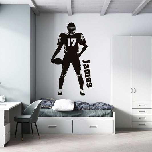 Wall Decal Personalized Football Player with Ball - Custom Sport Vinyl Sticker with Your Own Name and Number - Wall Sticker Children