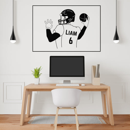 Football Player Throwing Ball Wall Sticker - Customize Player Name and Number - Boys and Teen Room Decor