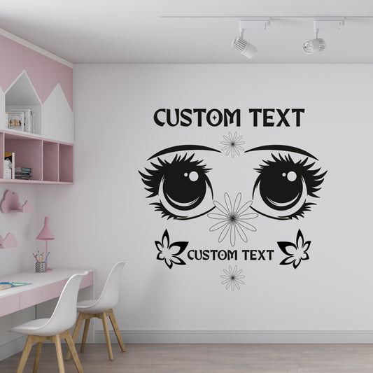 Beautiful anime eyes and eyebrows with flowers and custom text - Vinyl Decal for Walls, Home,Girls Room, Beauty Salon,Vinyl Decal for Window