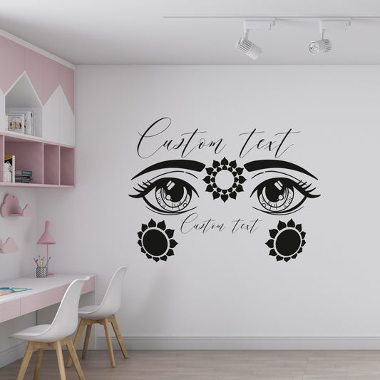 Beautiful Anime Style Eyes and Eyebrows with Sunflowers and Two Lines of Custom Text - Vinyl Wall Decal for Girls Room,Bedroom, Beauty Salon