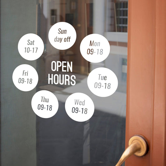 Open Hours Vinyl Sticker - Circles Business Store Hours Decal for Window - Store Business Hours - Modern Business Logos