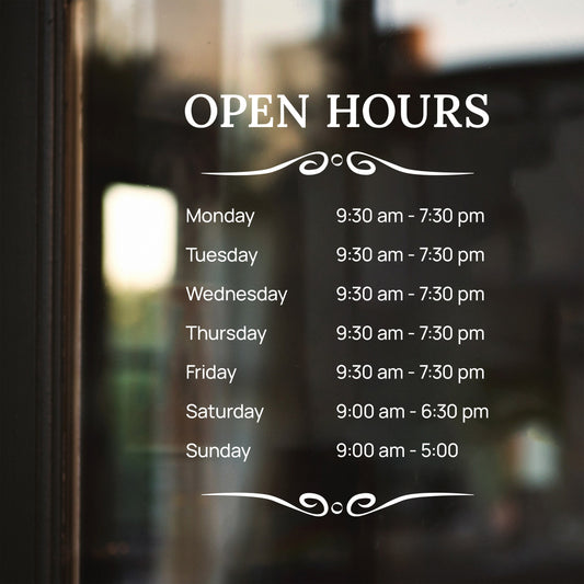 Window Store Logo -Operation Hours Indoor Outdoor - Reversible Personalized Company Storefront Decal Sticker - Custom Vinyl Store Hours