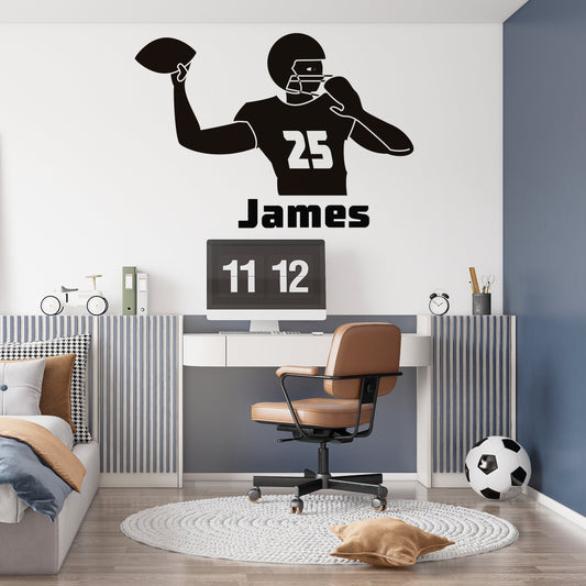 Sticker with Boy Name - Personalized Football Player Decal with Ball - Custom Sport Vinyl Sticker For Boys and Men Bedrooms