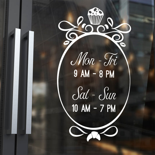 Decal for Pastry Shop Windows - Storefront Decal with Circle Hours of Operation - Pastry Shop Front Signs - Custom Business Hours Sign