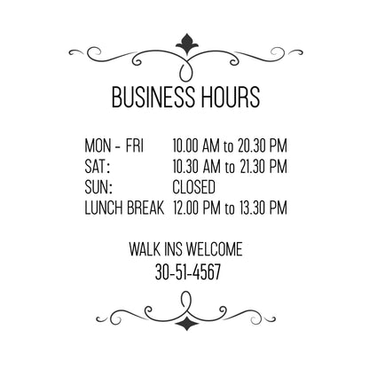 Window vinyl decal with busines hours and logo