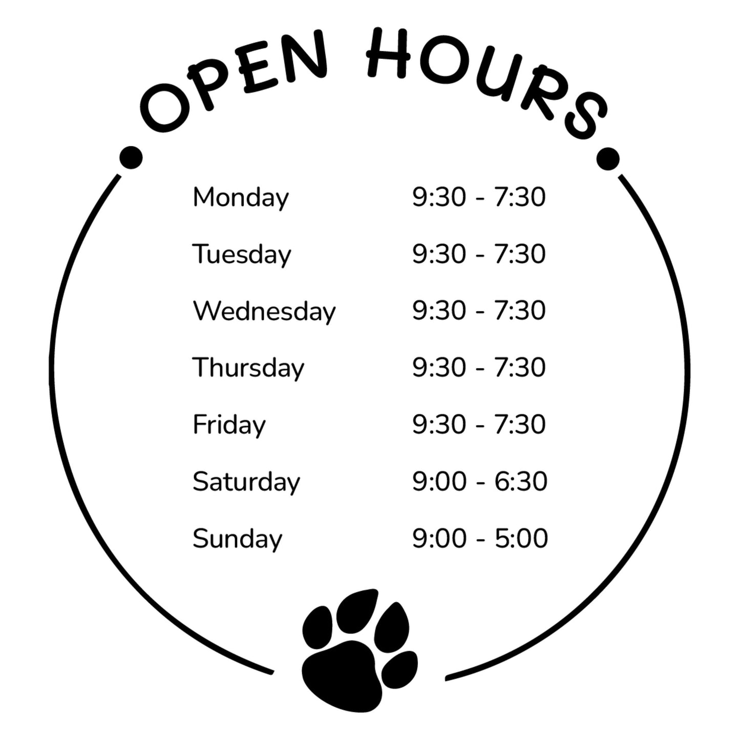 Customized Storefront Open Hours Pet Shop Vinyl Decal - Circle Decal
