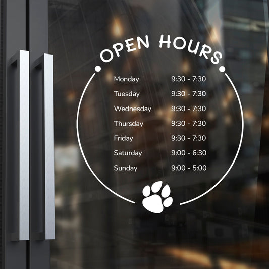 Business Store Hours Animal Decal - Customized Storefront Hours Circle Decal - Custom Store Hours - Business Window Decals - Store Hours