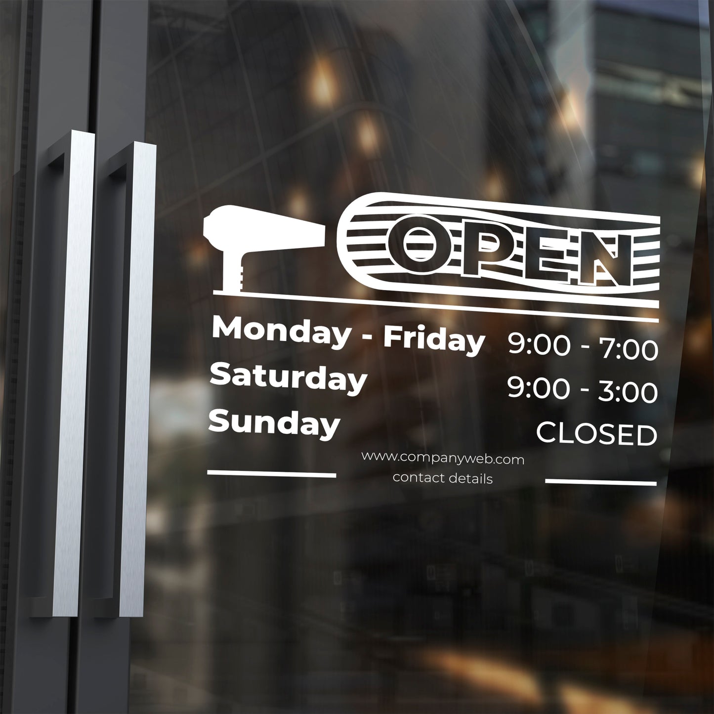 Hours of Operation - Vinyl on Barbershop Door Window - Website Store Hours - Your Company Logo Operation hours - Storefront Window Sticker