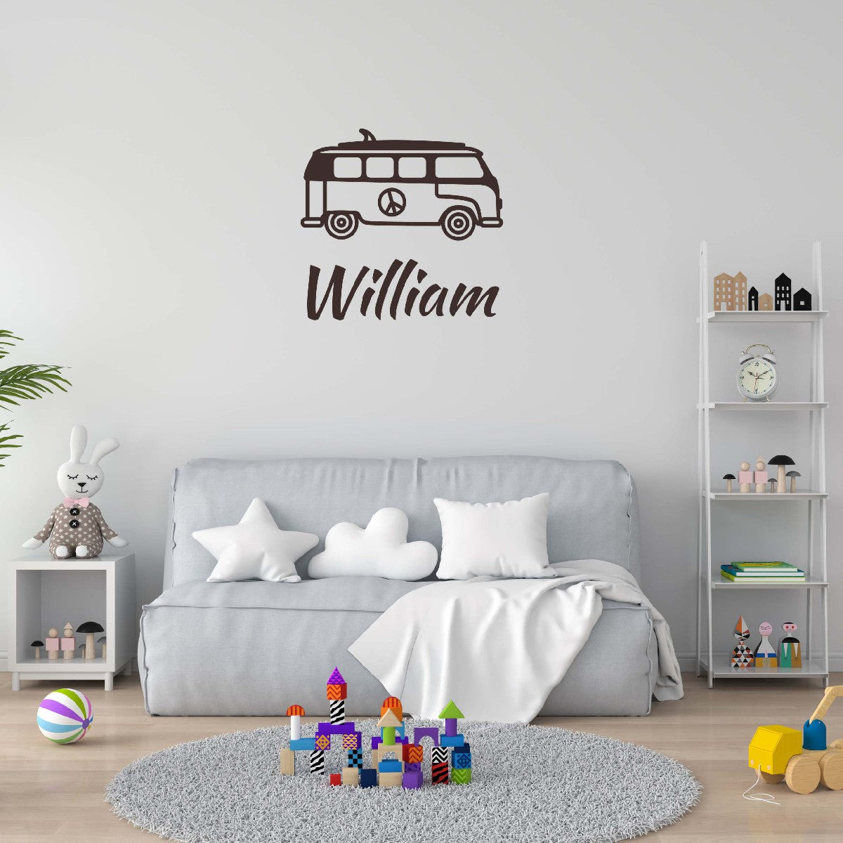 Personalized Name Stickers with Bus - Durable Custom Name Stickers for Furniture Laptops Doors - Easily-Applied Name Wall Decals for Kids Bedroom - Cool Name Decal
