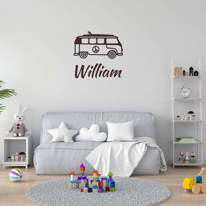 Personalized Name Stickers with Bus - Durable Custom Name Stickers for Furniture Laptops Doors - Easily-Applied Name Wall Decals for Kids Bedroom - Cool Name Decal