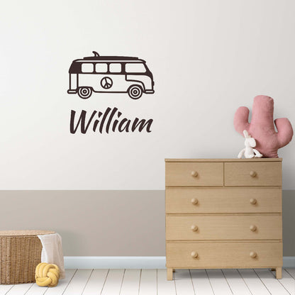 Personalized Name Stickers with Bus - Durable Custom Name Stickers for Furniture Laptops Doors - Easily-Applied Name Wall Decals for Kids Bedroom - Cool Name Decal