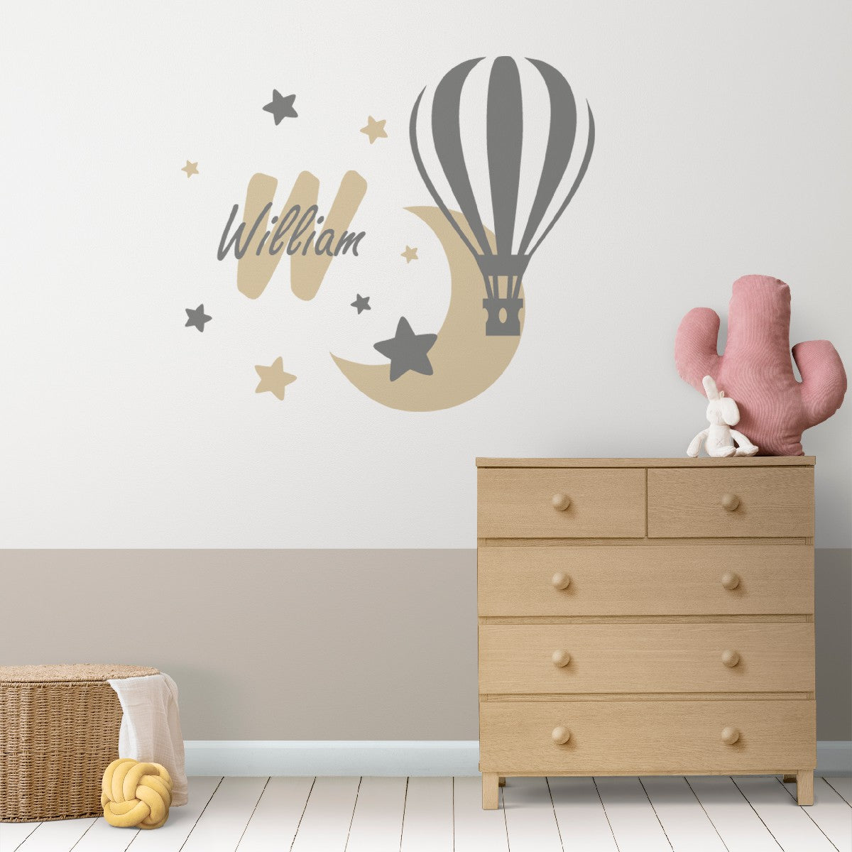 Personalized Name Stickers with hot Air Balloon Stars Moon - Easily-Applied Custom Name Stickers for Kids Bedroom - Cute Name Decals for Walls Furniture Laptop