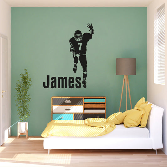American Football Wall Design - Wall Decal with Running Football Player and Personalized Name - Trendy Sports Decor for Nurseries and Adult Rooms
