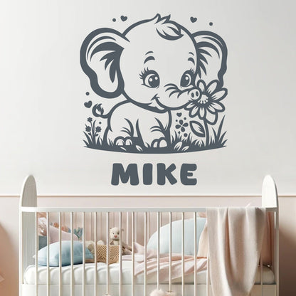 Elephant Wall Stickers - Elephant Name Wall Decal - Personalized Elephant Wall Decals - Personalized Animal Wall Stickers for Nursery Room
