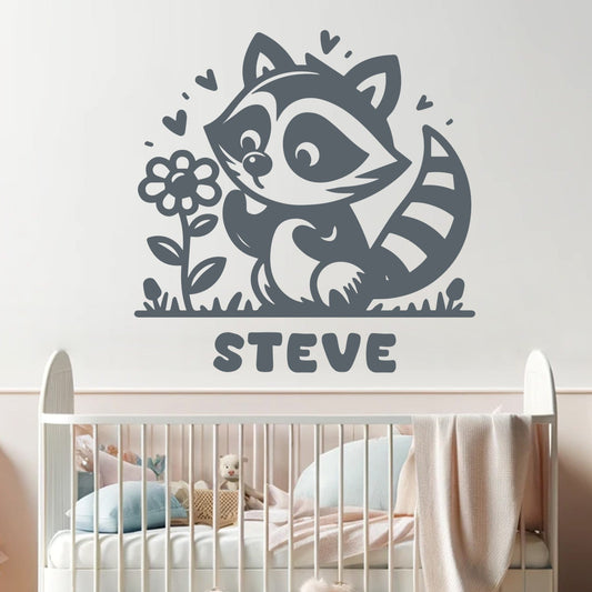 Racoon Nursery Wall Decal - Racoon Stickers with Personalized Name - Animals Wall Stickers - Personalized Name Decal for Kids Room Design 01