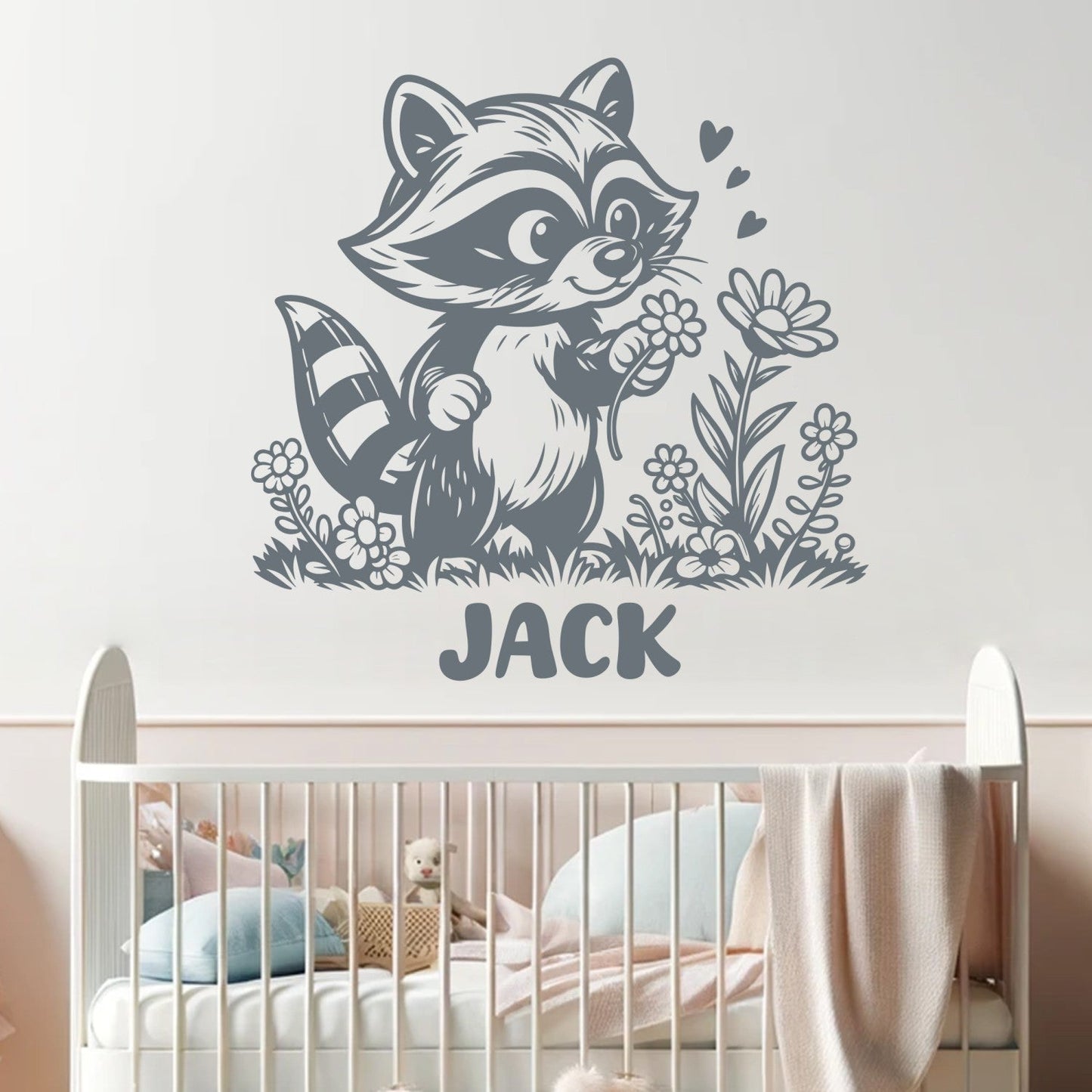 Raccoon Wall Decal with Kids Name - Baby Room Wall Decals Name - Personalized Name Wall Decal - Name Stickers for Wall Decor - Racoon Stickers for Wall