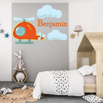 Personalized Name Stickers with Helicopter and Clouds - Easily-Applied Custom Name Stickers - Fade-Resistant Name Wall Decals for Girls and Boys - Unique Name Decal