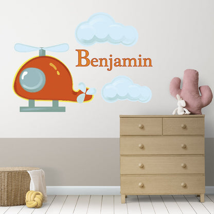 Personalized Name Stickers with Helicopter and Clouds - Easily-Applied Custom Name Stickers - Fade-Resistant Name Wall Decals for Girls and Boys - Unique Name Decal