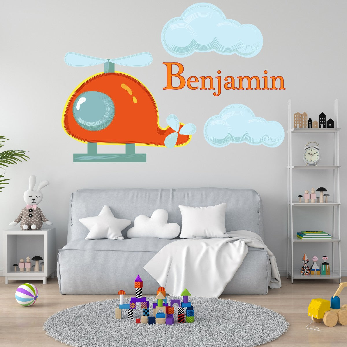 Personalized Name Stickers with Helicopter and Clouds - Easily-Applied Custom Name Stickers - Fade-Resistant Name Wall Decals for Girls and Boys - Unique Name Decal