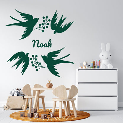 Personalized Name Stickers with Berries and Birds - Easily-Applied Name Wall Decals for Girls and Boys - Removable Custom Name Stickers for Kids Bedroom and Laptop