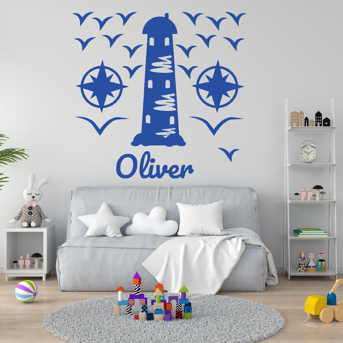 Personalized Name Stickers with Lighthouse Compass Seagull - Easily-Applied Name Decals for Walls Furniture Laptop - Unique Custom Name Stickers for Kids Bedroom