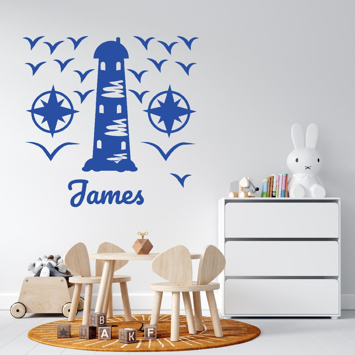 Personalized Name Stickers with Lighthouse Compass Seagull - Easily-Applied Name Decals for Walls Furniture Laptop - Unique Custom Name Stickers for Kids Bedroom