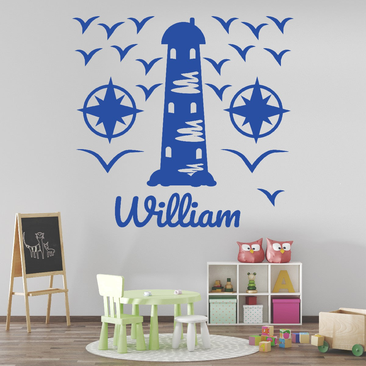 Personalized Name Stickers with Lighthouse Compass Seagull - Easily-Applied Name Decals for Walls Furniture Laptop - Unique Custom Name Stickers for Kids Bedroom