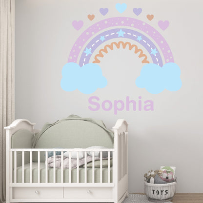 Boho Rainbow with Clouds and Hearts Wall Stickers - Boho Rainbow Decor for Nursery and Girls' Bedroom Decor - Boho Rainbow Name Decal