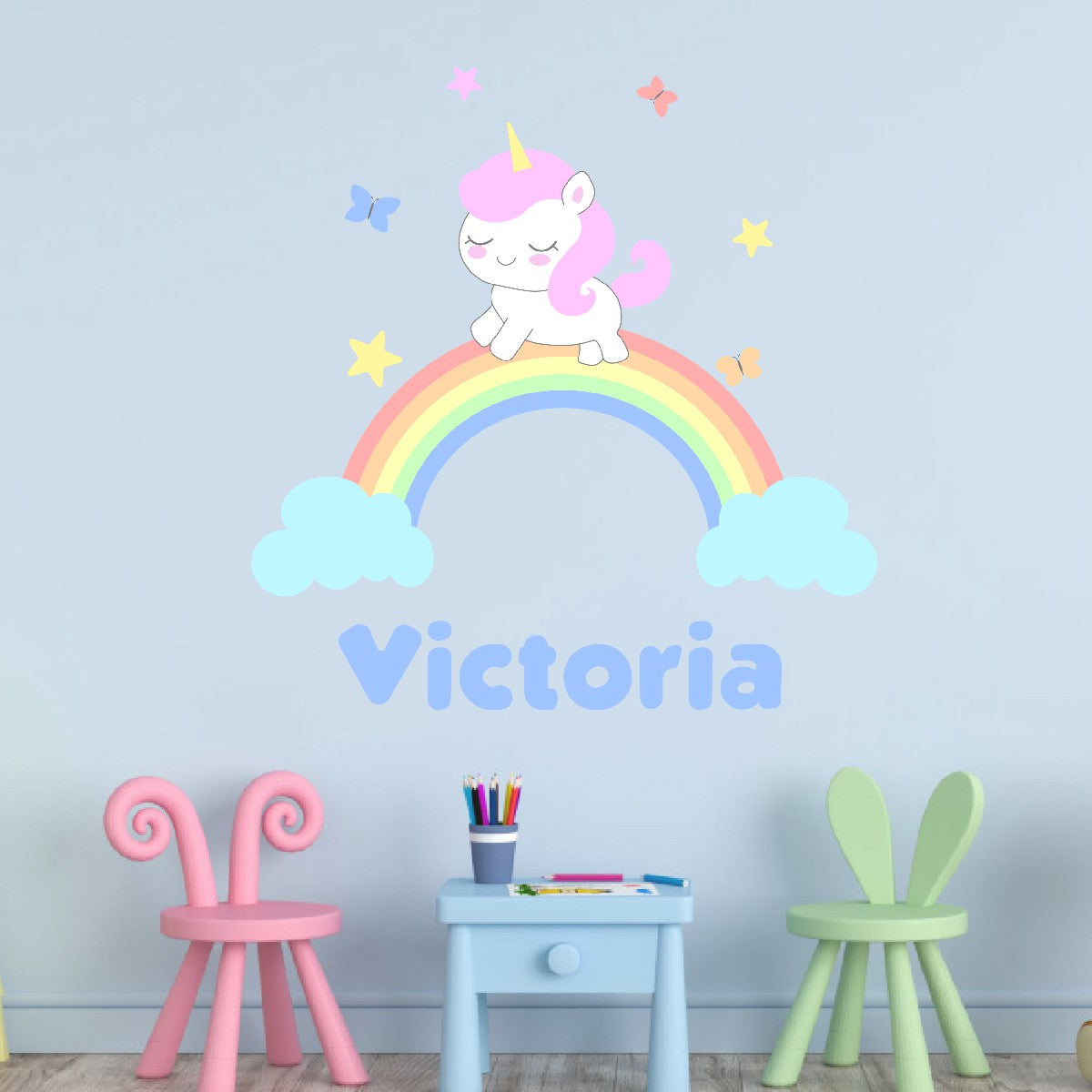 Custom Rainbow Wall Sticker - Little Unicorn on a Rainbow with Flying Butterflies Sticker - Wall Stickers for Boho Nursery - Rainbow Decor for Girls Bedroom