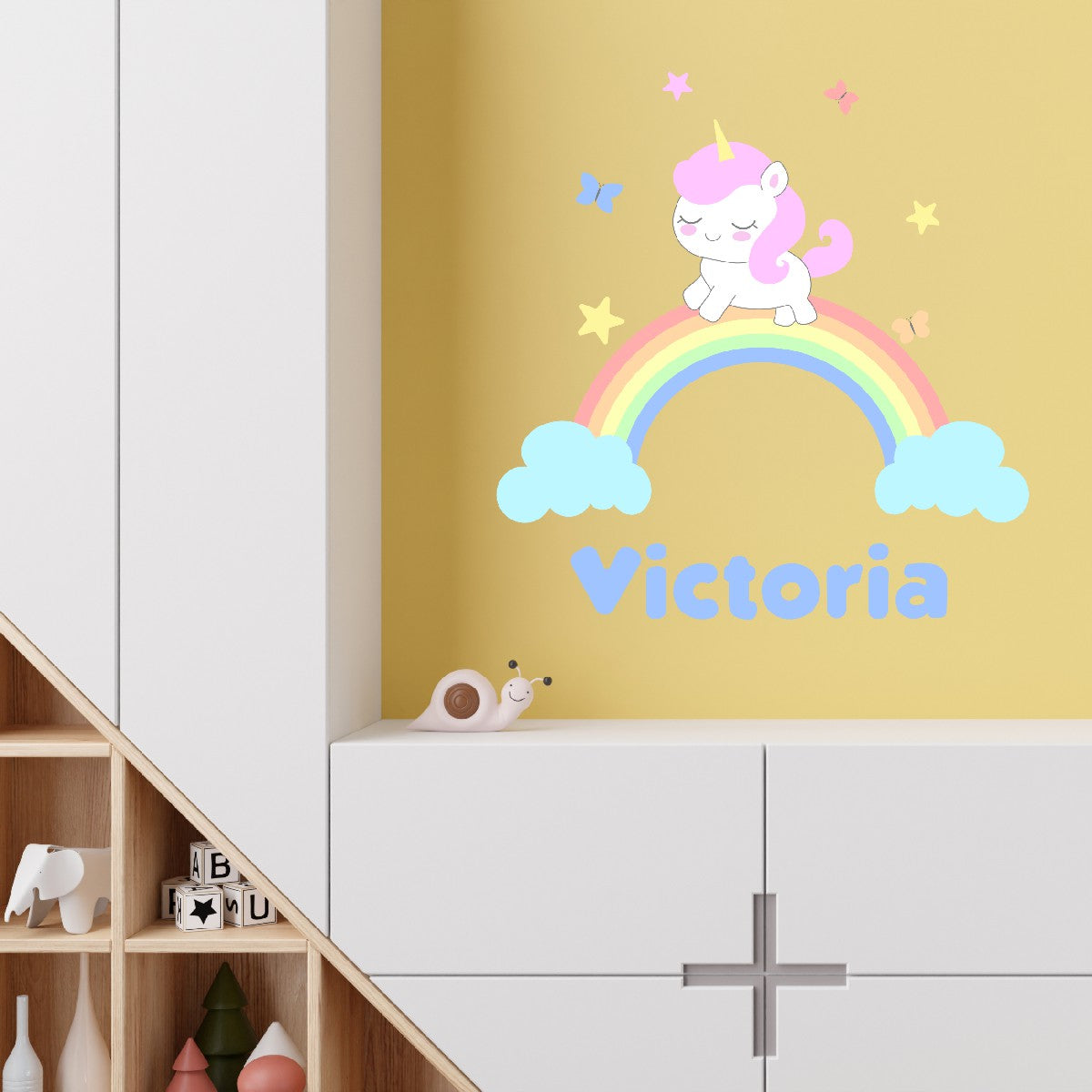 Custom Rainbow Wall Sticker - Little Unicorn on a Rainbow with Flying Butterflies Sticker - Wall Stickers for Boho Nursery - Rainbow Decor for Girls Bedroom