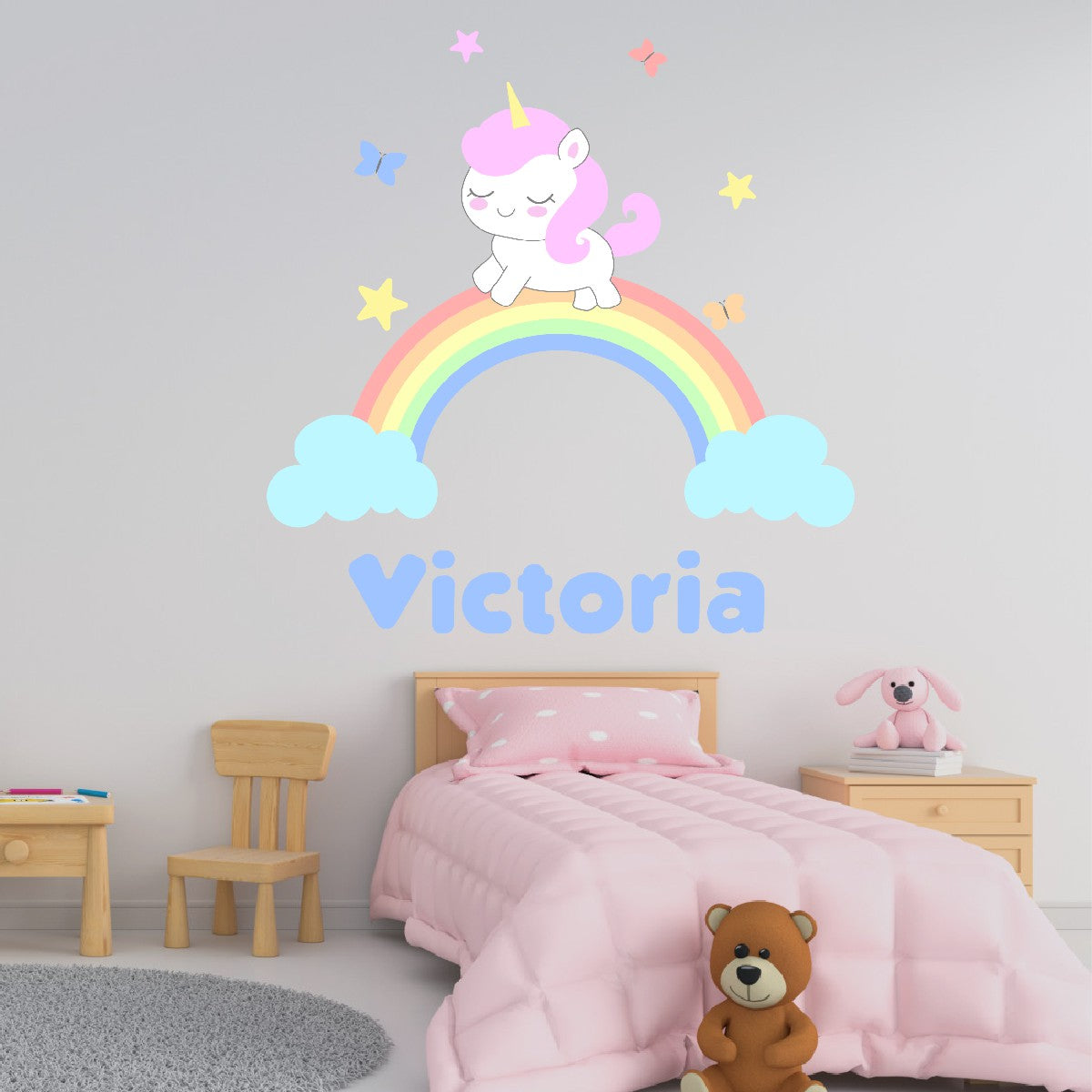 Custom Rainbow Wall Sticker - Little Unicorn on a Rainbow with Flying Butterflies Sticker - Wall Stickers for Boho Nursery - Rainbow Decor for Girls Bedroom