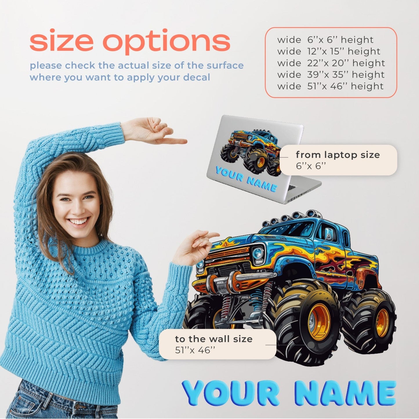 Monster Truck Wall Decals - Monster Trucks Wall Stickers - Colored Personalized Name Wall Decal - Monster Truck Wall Stickers