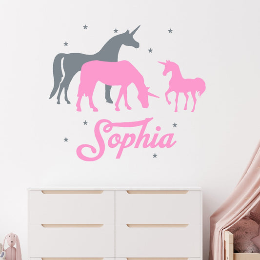 Custom Unicorn Family Wall Decals - Personalized Vinyl Stickers Featuring Unicorn Letters - Adorable Depiction of Cute Unicorn Family - Unicorn Wall Designs and Child's Name