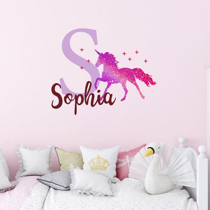 Personalized Unicorn Wall Stickers with Monogram - Custom Vinyl Stickers with Kid's Name - Unicorn Wall Name Sticker for Girl's Room