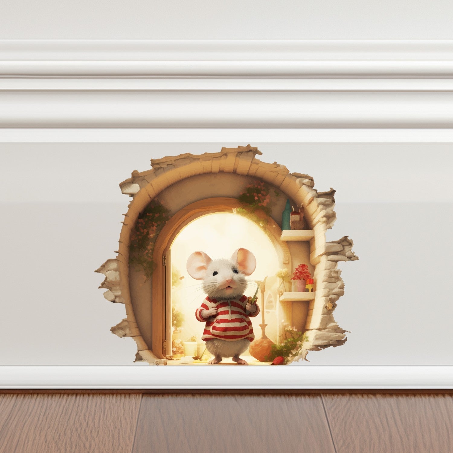 Mouse House 3d Wall Decals - Mouse Hole Wall Sticker - 3D Art Mouse Home Decor - Mouse Reading Sticker - Mouse Sticker for Baseboard