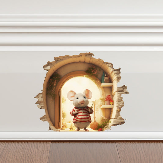 Mouse House 3d Wall Decals - Mouse Hole Wall Sticker - 3D Art Mouse Home Decor - Mouse Reading Sticker - Mouse Sticker for Baseboard