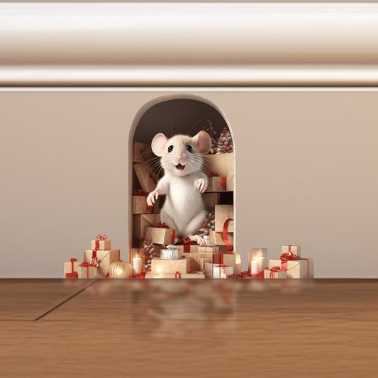 Mouse 3D Hole Wall Sticker - Mouse Sticker for Baseboard - Christmas Mouse Wall Decals - 3D Christmas Wall Decor - Mouse Wall Decal